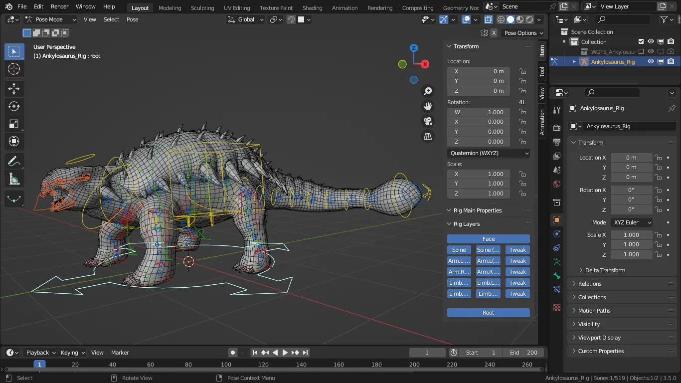 Ankylosaurus 3D Model Rigged Basemesh Skeleton