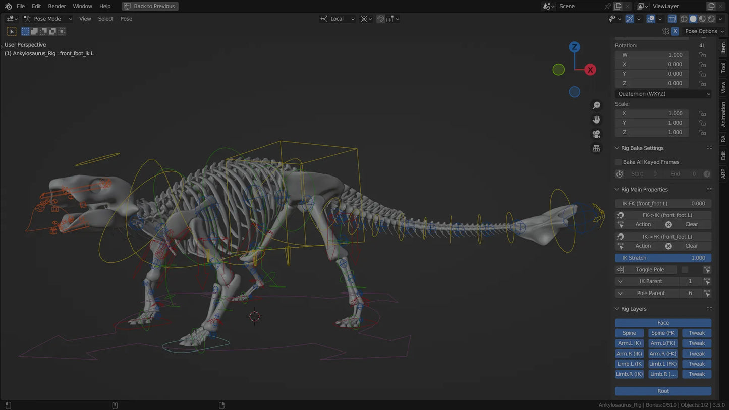 Ankylosaurus 3D Model Rigged Basemesh Skeleton